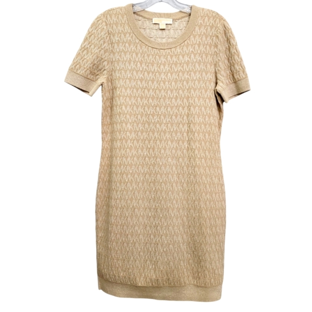 Nwot Michael Michael Kors Tan Monnogram MK w/Soft Gold Metalic Shimmer Knit Dres